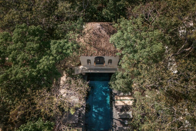 Aerial view of a thatched-roof villa and long private pool surrounded by jungle canopy on the inland side of Tulum, Mexico