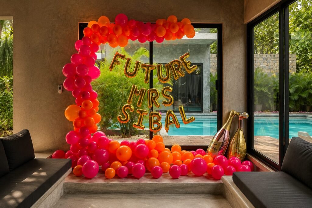 Pink and orange balloon arch and Future Mrs letter balloons beside a private villa pool in Tulum